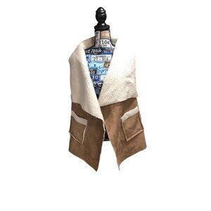 Tan Sherpa Lined Accent Open Front Vest Pockets Warm Cozy Snow Boho Sz L/XL